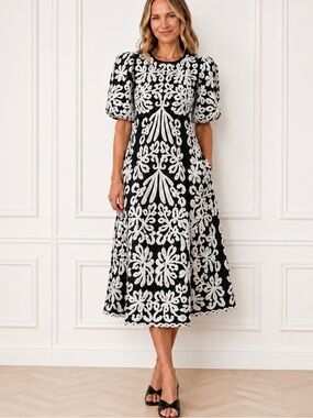 Sea New York Agathe Floral Appliqué Midi Dress Black White Puff Sleeve Sz 6